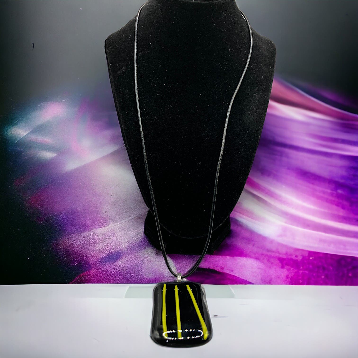 Black Glass With Yellow Modern Art Lines Homemade Necklace!